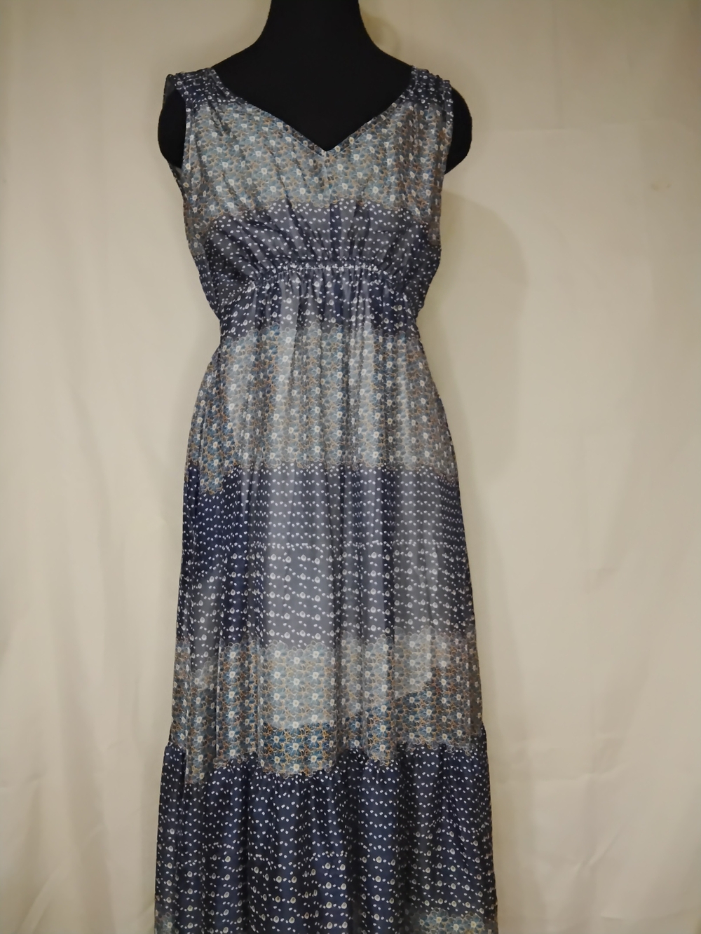 Navy Patterned Sleeveless Maxi Dress with Smocked Waist